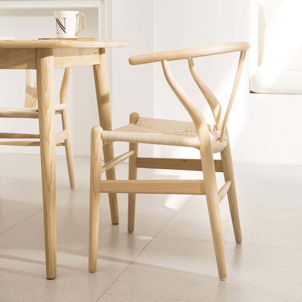 Tomile Wishbone Chair Y Chair Solid Wood Dining Chair Rattan Armchair Natural (Ash Wood - Natural Wood Color) - set of 2