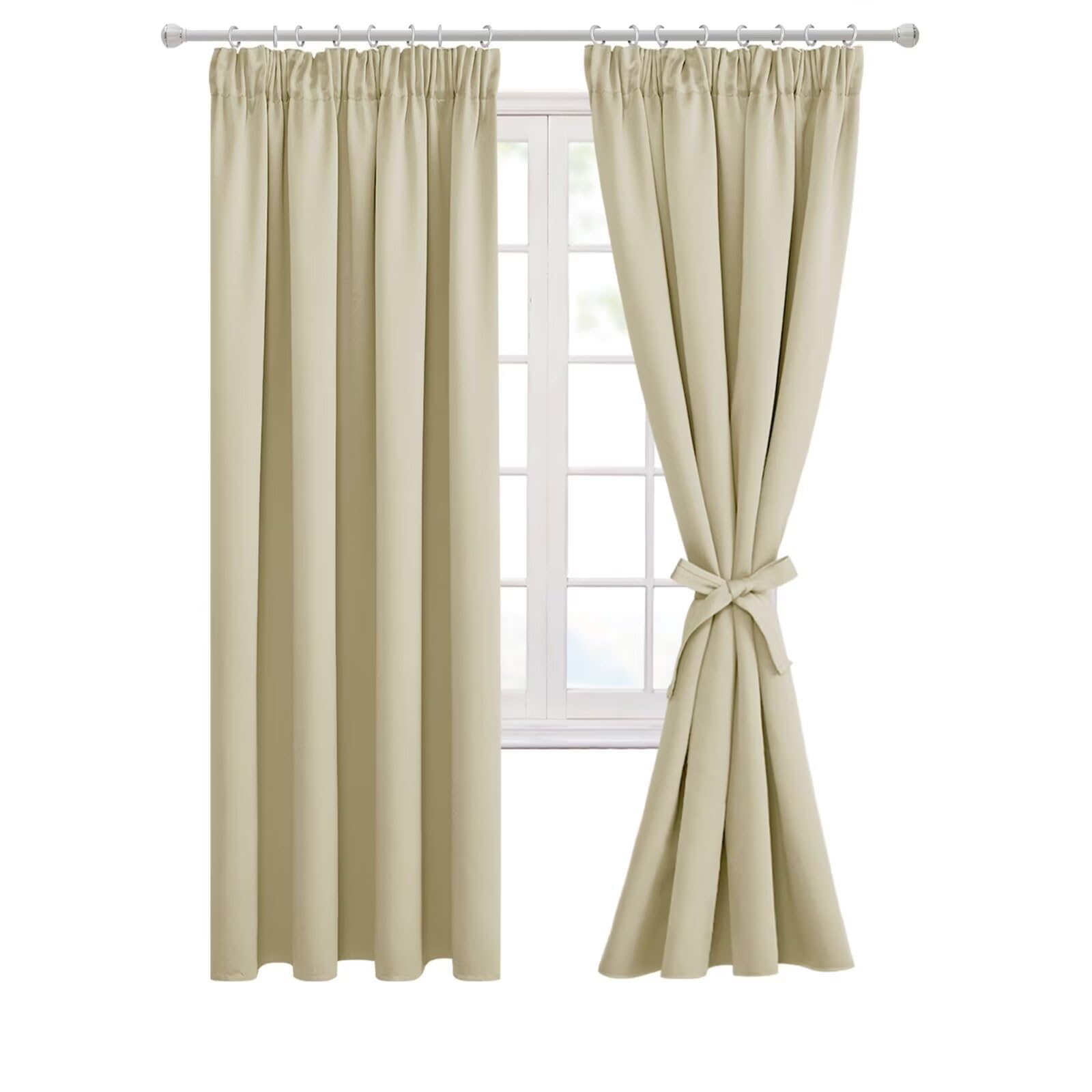 Hiasan Pencil Pleat Blackout Thermal Insulated Curtains, Bedroom and Living Room with Tiebacks, Energy Saving and Noise Reducing, 2 Panels, 46 x 72 Inch, Light Beige