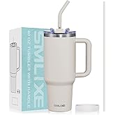 SMLIXE 40 oz Tumbler with Handle and Straw Lid,Insulated Reusable Stainless Steel Water Bottle Travel Mug,Cupholder Friendly Double Wall Vacuum Sealed Cup (Almond Birch)