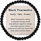 Ancnoz Black Tourmaline Bracelet Gift for Men Women Handmade Natural Stone Beaded Elastic Healing Bracelet with Card Energy Protection Bracelets for Friend Inspirational Birthday Christmas Gifts