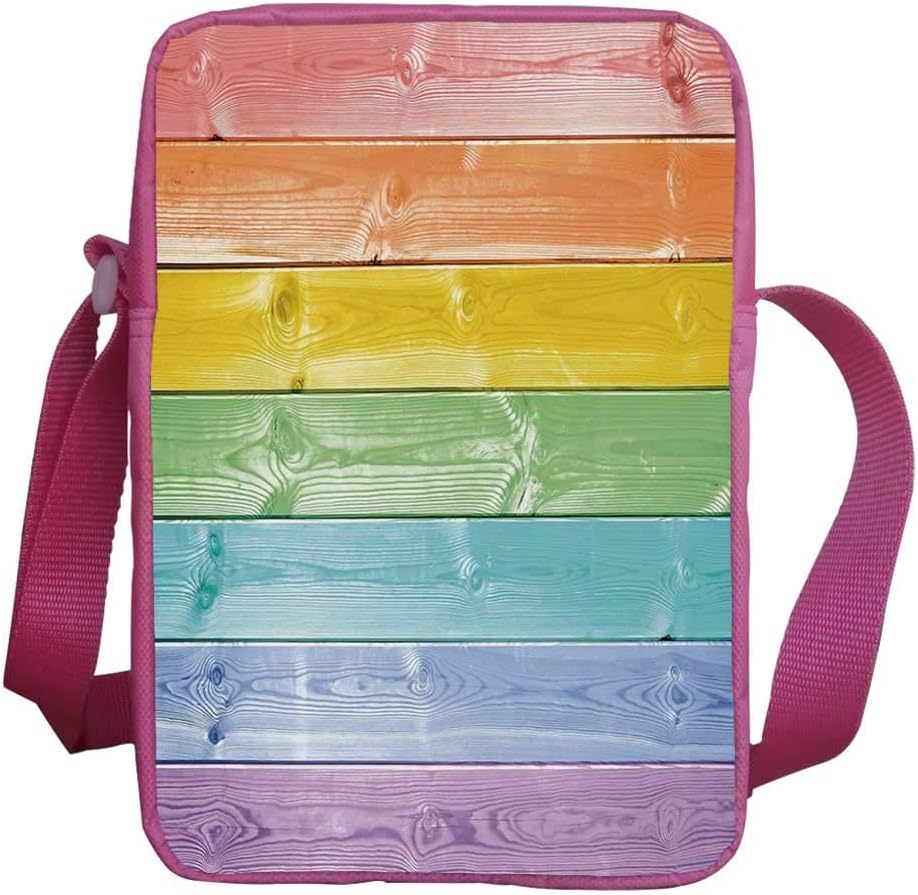 Pastel Stylish Kids Crossbody Bag,Wooden Planks in Rainbow Colors Rural Rustic Home Cottage Theme Summer Shades Print Decorative for Girls,9"H x 6"L x 2"W