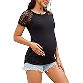 SWEETBUMP Womens Lace Maternity Tops Short Sleeve Pregnancy Shirt Crew Neck Side Ruched Casual Dressy Maternity Blouse