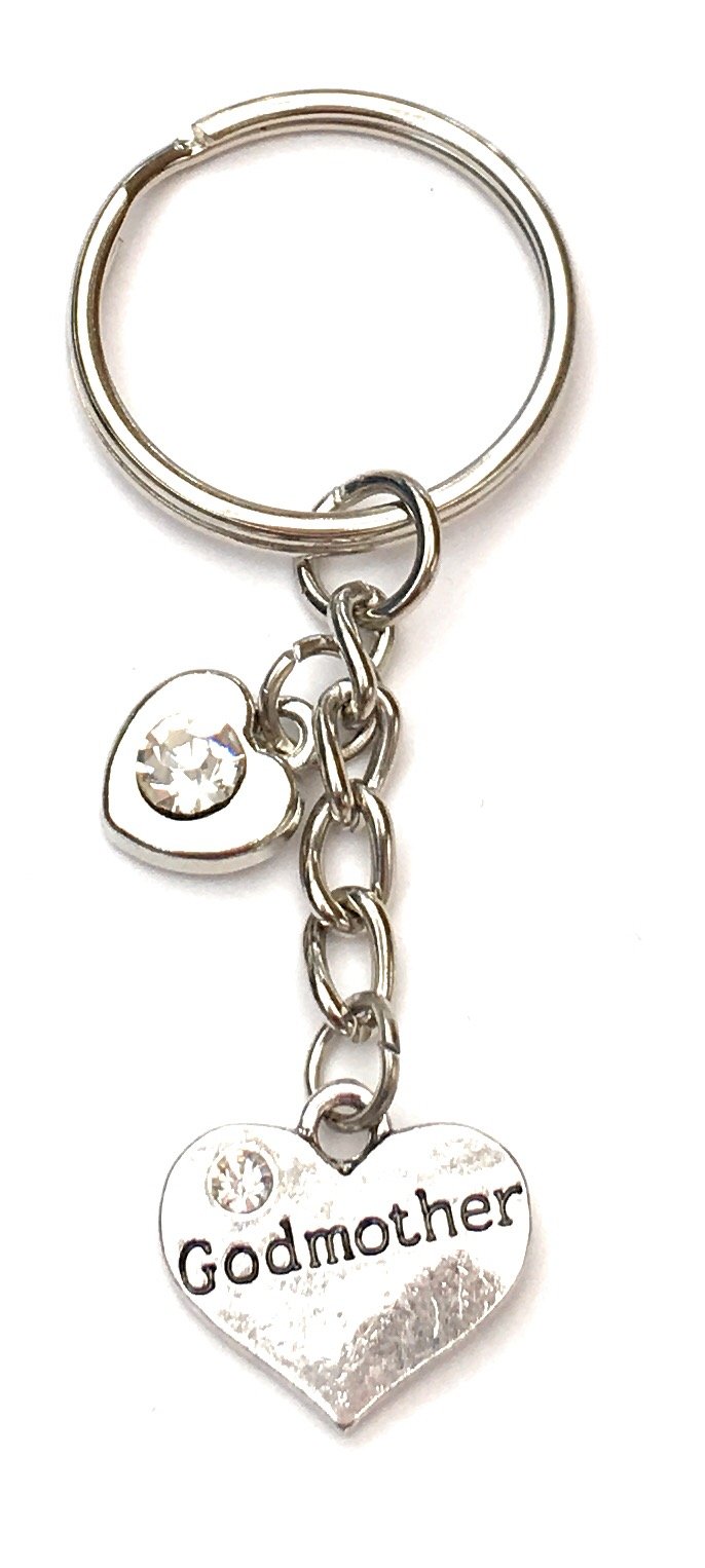 FizzyButton Gifts Godmother Heart Keyring Key Ring with Rhinestone Charms and White Gift Box