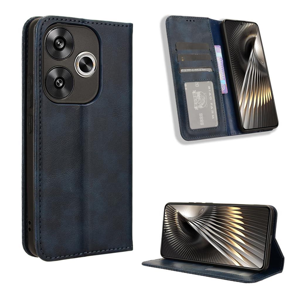 COMAKU Compatible with Xiaomi Poco F6 Case Leather - Flip Cover Protection magnetic Phone Case wallet with Card Holder - Blue