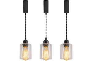 KAYYELAMP Adjustable Wire Length H-Type Track Hanging Light 3.2 Ft Twisted Cord E26 Base Clear Glass Set of Three Pendant Light Fixture Vintage Lamp for Aisle Loft(No Bulb, Track)