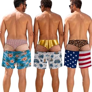 Personalized Funny Men Beach Shorts, Gag Butt Print Novelty Swimwear, Men Hairy Butt Cheeks with Thong Beach Shorts, Friend S