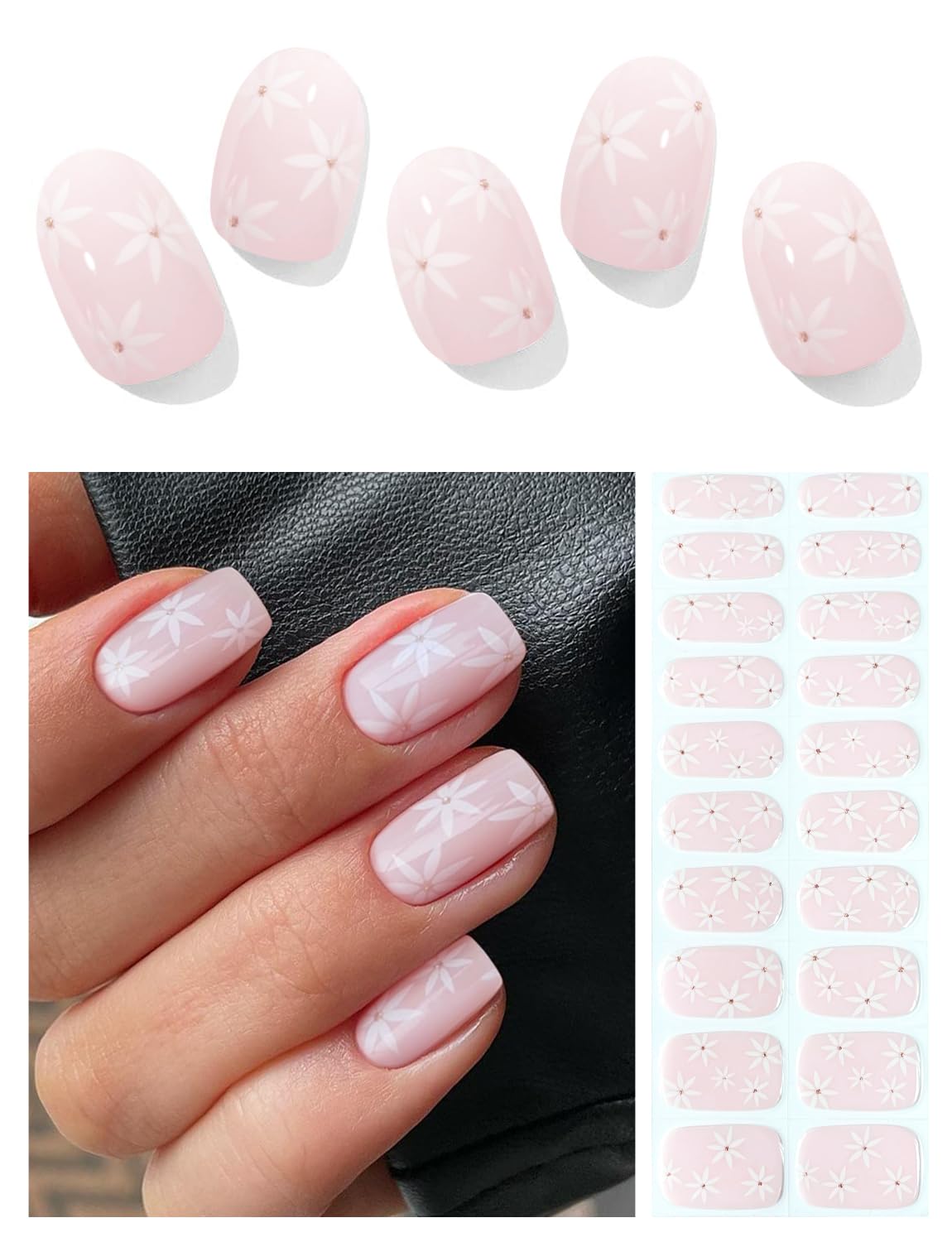 AutyaMee Semi Cured Gel Nail Strips (Pink & White Flower), 20 Pcs Gel Nail Wraps, Stickers, UV Light Required, Salon Quality, Long Lasting