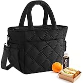 Afuosy Insulated Lunch Box for Women Men, Soft & Puffy Lunch Bag, Large Capacity Leakproof Reusable Tote Cooler Bag with 4 Pockets, Adjustable Strap, Ideal for Work, Outdoors, Picnic, Travel (Black)