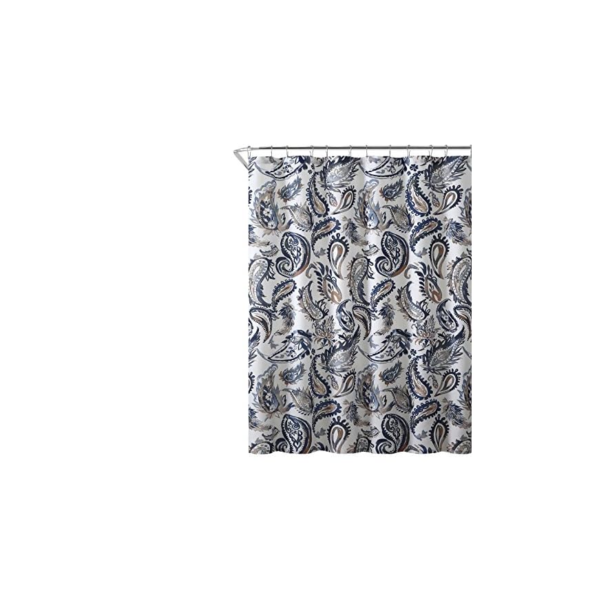 Decorative Navy Blue Gold Fabric Shower Curtain Watercolor Floral