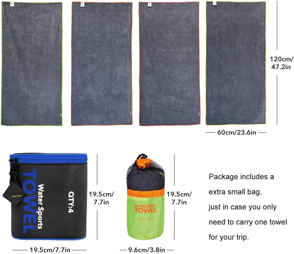 4Monster 4 Pack Microfiber Bath Towel Camping Towel Swimming Towel Sports Towel with Accessory Bag, Quick Dry & Super Absorbent for Travel Gym, Suitable for Adults Kids Family, 24 X 48 Inch: Home & Kitchen