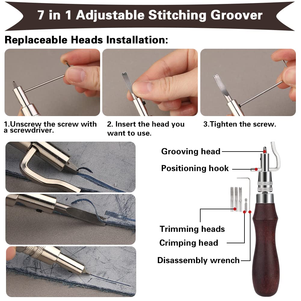 TLKKUE 55 PCS Leather Working Tools, Leathercraft Kit with Roll Bag, Groover Stitch Wheel Waxed Threads Awl Needles Manual, Leather Sewing Kit for DIY Sewing Craft Projects