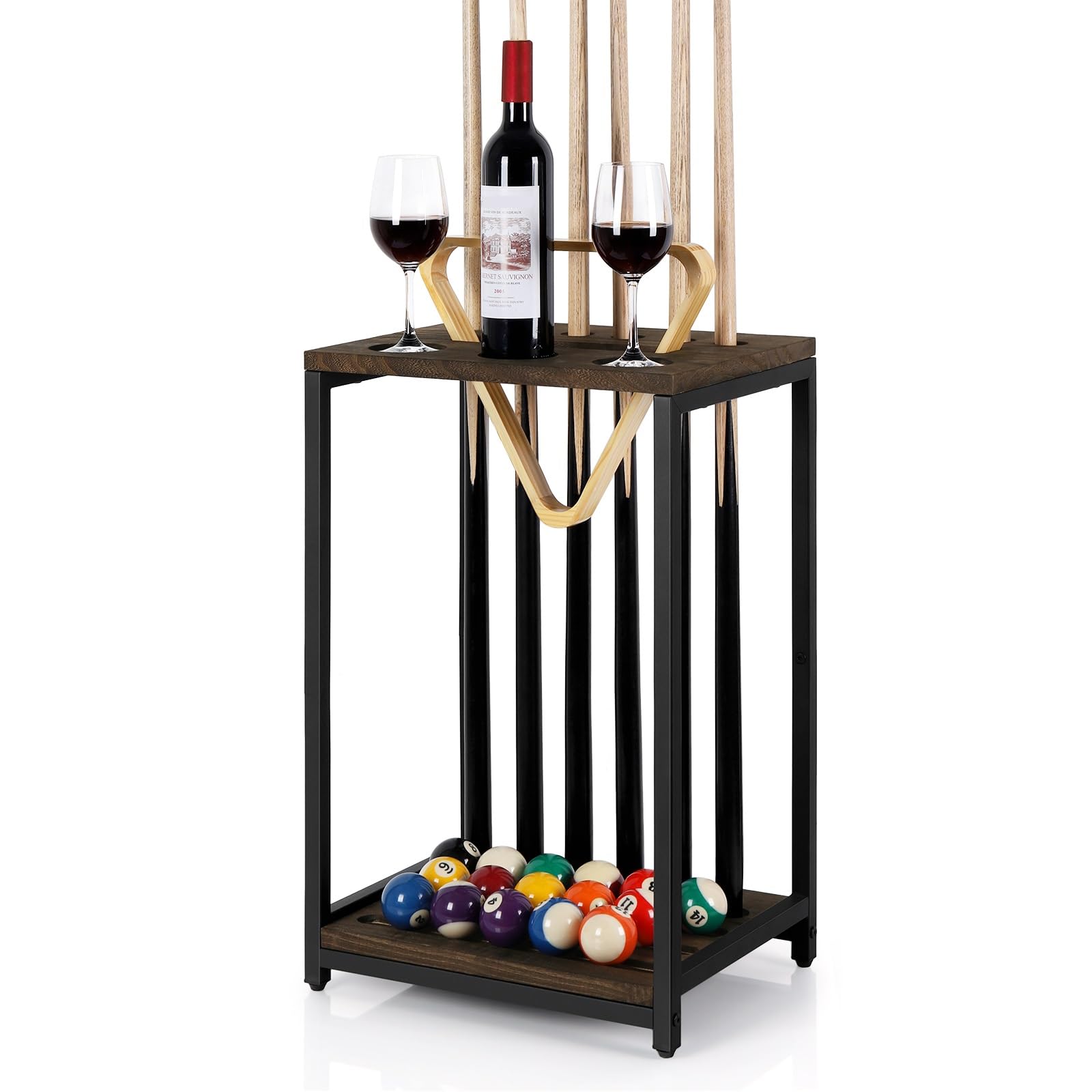 Photo 1 of smusei Pool Cue Rack Wood Billiard Stick Holder Pool Table Accessories for Billiard Room Game Room Club Holds 6 Cues, Floor Stand, Deep Brown