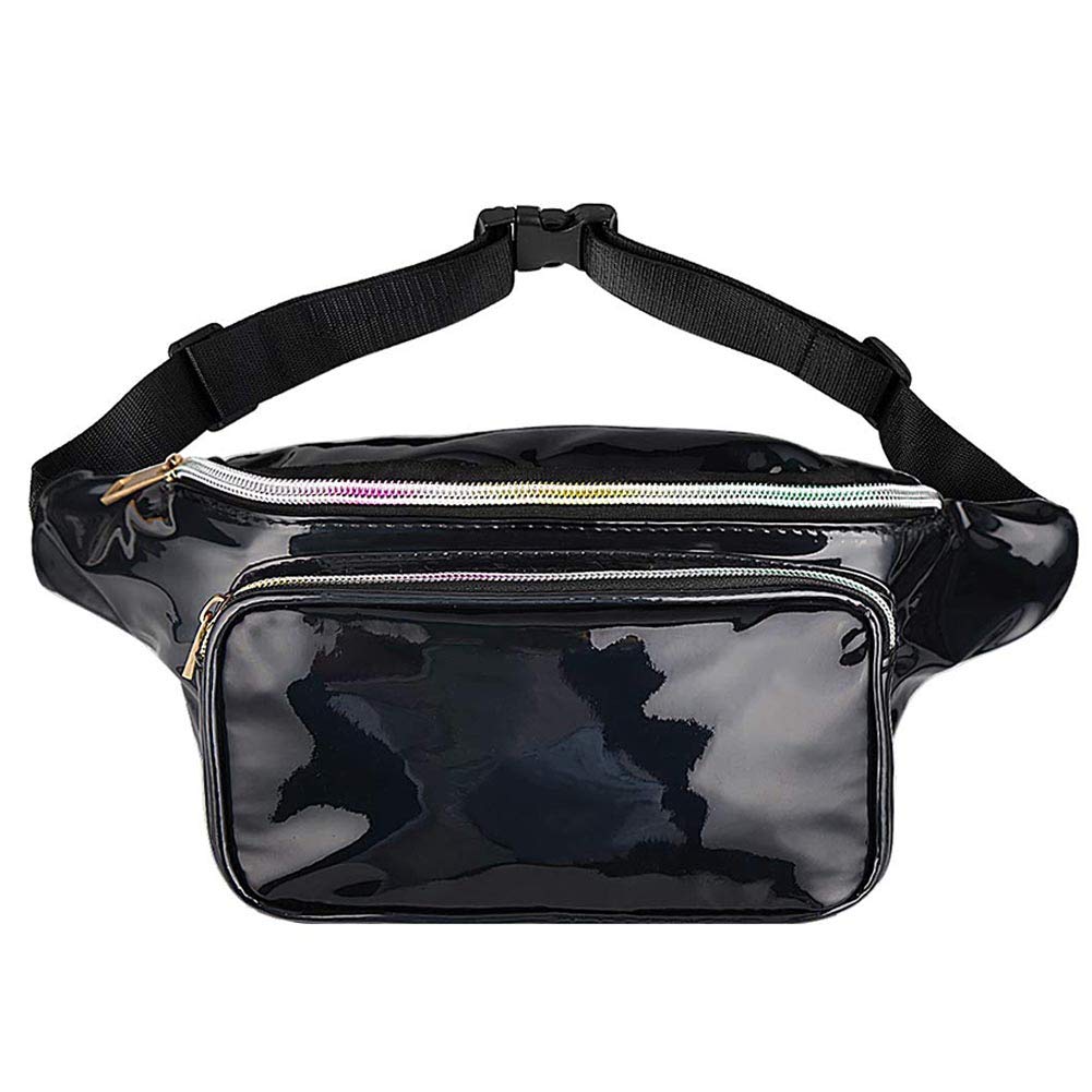 BETOY Waist Bag,Waist Fanny Pack with Adjustable Belt for Rave,PVC Waterproof Shiny Waist Bag,Holographic Fanny Pack Laser Waist Bum Bag with Belt Travel Party Festival Rave Running Hiking （Black）