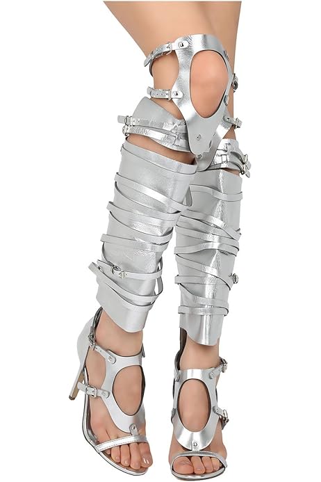 silver thigh high strappy heels