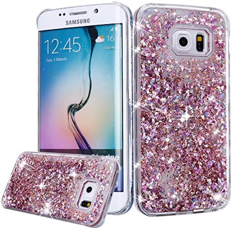 Galaxy S6 Edge Case, Galaxy S6 Edge Liquid Glitter Case,PHEZEN 3D Creative Design Shiny Quicksand Flowing Bling Glitter Sparkle Heart Clear Hard Case for Samsung Galaxy S6 Edge - Pink Diamonds
