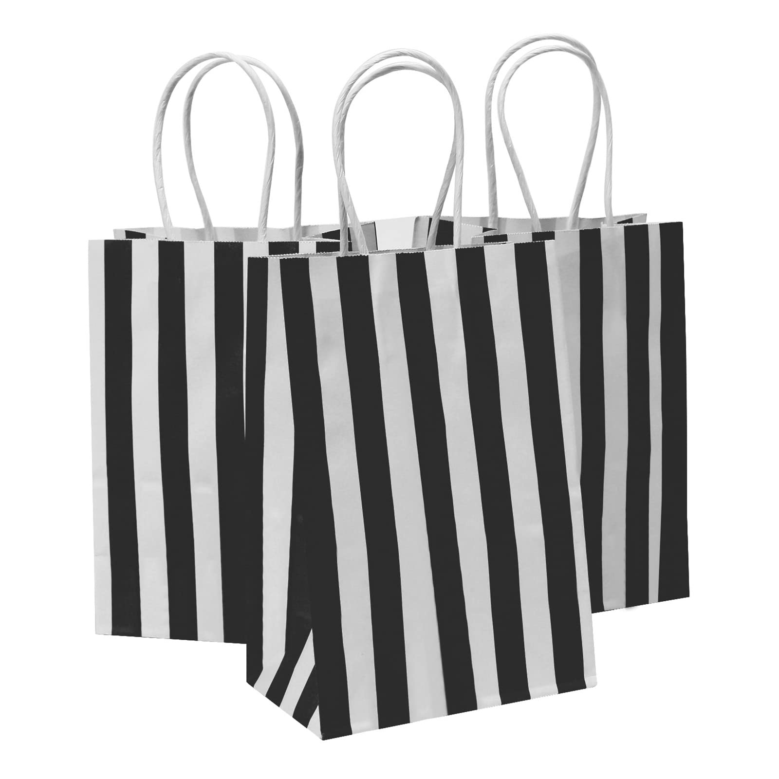 Ronvir 50Pcs Small Gift Bags 14 x 8 x 21cm, Black Stripes Recycled Paper Bags With Handles for Party Favor,Business, Birthday, Baby Shower, Goodie, Christmas, Halloween