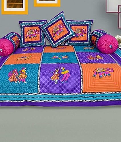 RajasthaniKart Maherab 6 Piece 144 TC Cotton Diwan Set - Blue