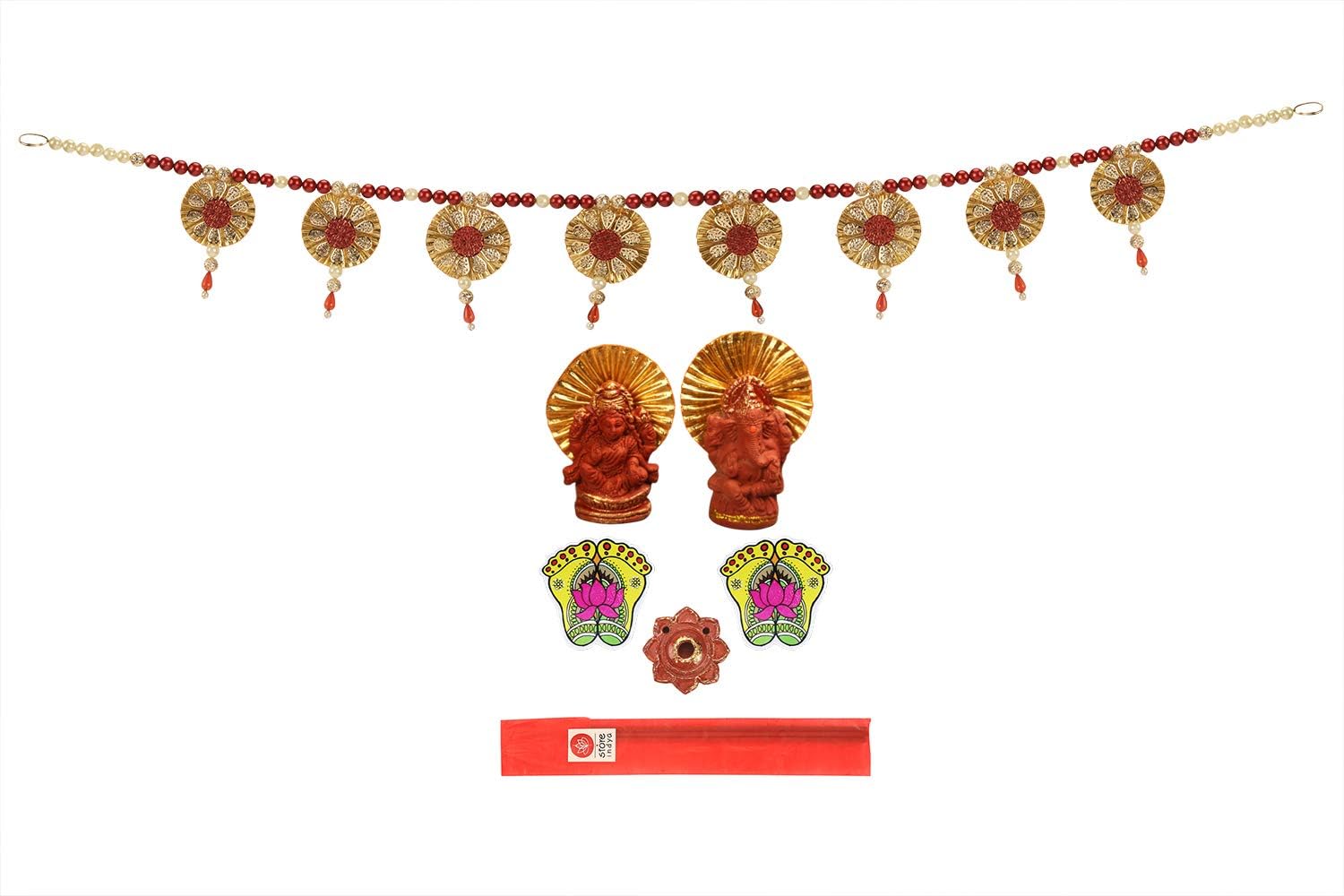 storeindya Diwali Decoration Gifts Set of 2 Laxmi Charan Paduka Stickers and Lord Ganesha & Goddess Lakshmi Idol with Door Hanging Toran and Incense Sticks and Holder Festive Decor Combo Box