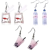 JinYu 3 Pairs Funny Acrylic Water Bottle Pendant Earrings, Cute Pearl Milk Tea Dangle Earrings Colorful Glass Bottle Funny Earrings for Women Unique