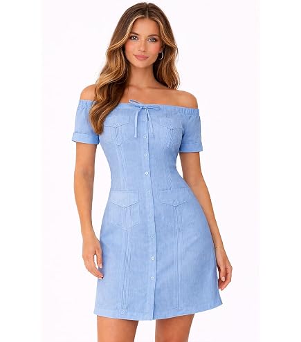 guayabera halter dress Mojito Collection Women's Sexy Off Shoulder Linen Blend Button Down Small/Aquamarine at Amazon Women's Clothing store BIKINI-BOTTOM