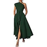 Ekaliy Women's One Shoulder Belted Maxi Dress Long Formal Wedding Guest Dress with Pockets