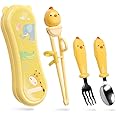 Training Chopsticks Set for Kids and Beginners,Chopstick Spoon Fork and Case Set,Reusable Learning Chopsticks with Attachable Learning Chopstick Helper - Right Handed Only Stainless Steel Yellow