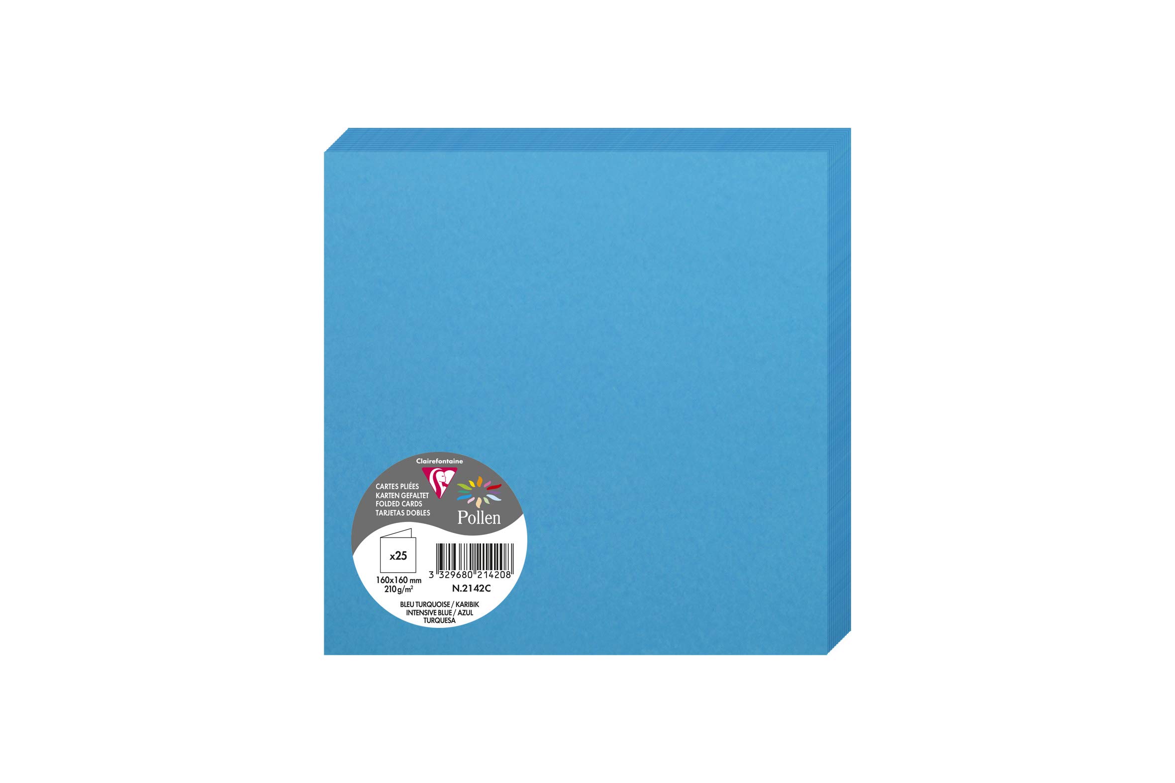 Clairefontaine 2142C Pack of 25 Double Cards Square Format 16x16cm 210g/m² Intensive Blue Invitation and Correspondence Cards Pollen Range Smooth Premium Paper