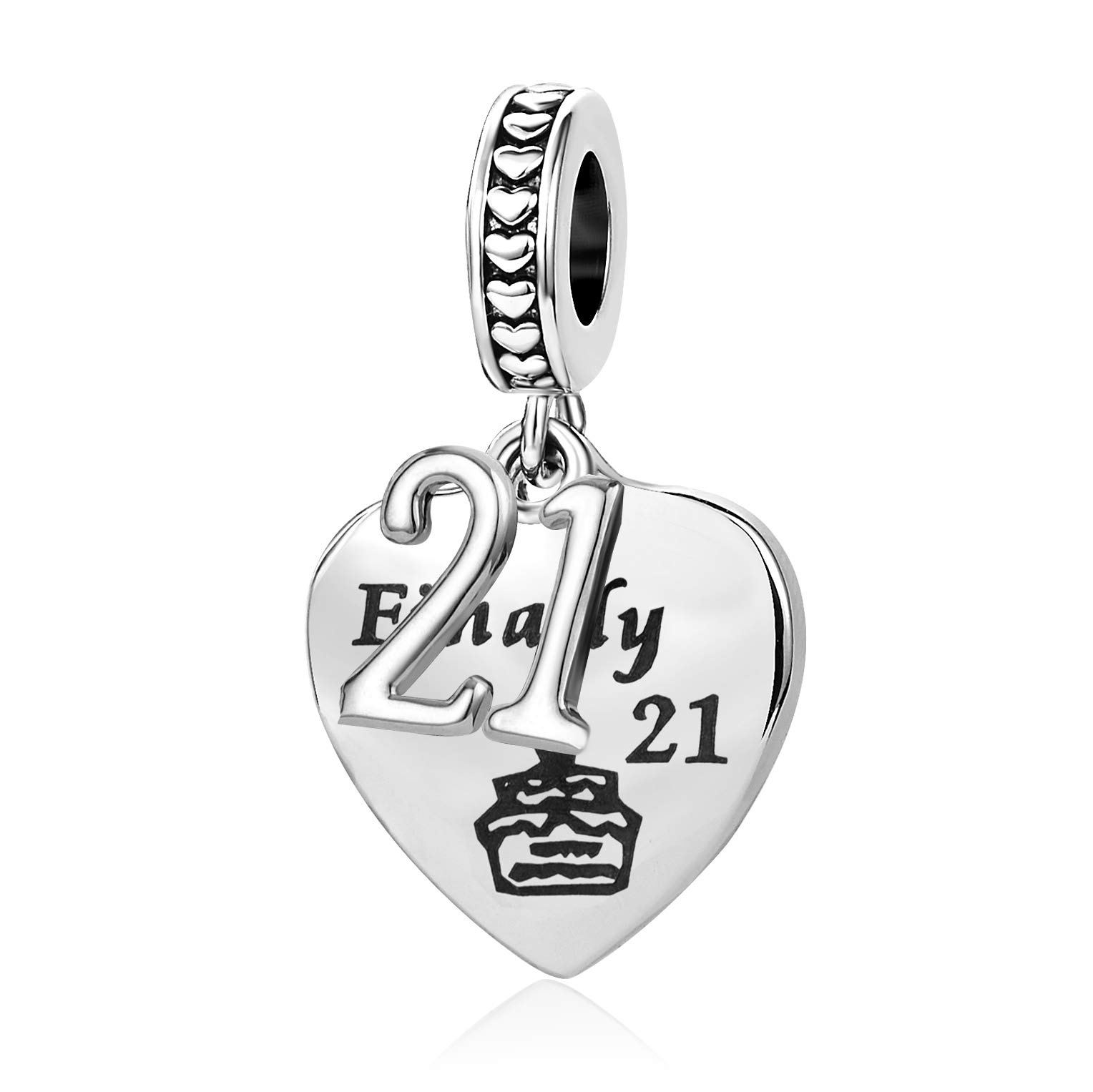 21th Birthday Cake Love Heart Dangle Charm Compatible with Pandora Charms Bracelets Finally 21 Women Sister Granddaughter Best Friends Daughter