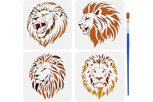 FINGERINSPIRE 4 Styles Lion Head Pattern Stencils with a Brush 5.9x5.9Inch Various Lion Face Painting Stencils Male Lions Drawing Template PET Animal Themes Roaring Lions Template for Wood Wall Floor