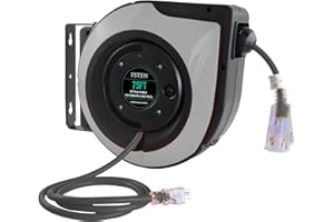 FSTSN 75ft Retractable Extension Cord Reel - 14 AWG/3C SJTOW Heavy Duty with 3 Lighted Outlets, 10A Breaker - Wall/Ceiling Mount for Indoor Outdoor Garage, Workshop Grey.