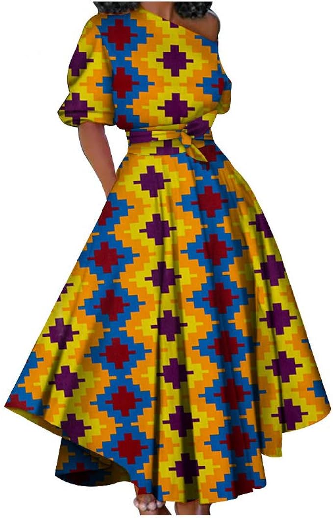BAZINRICHE African Dresses for Women Print One Shoulder