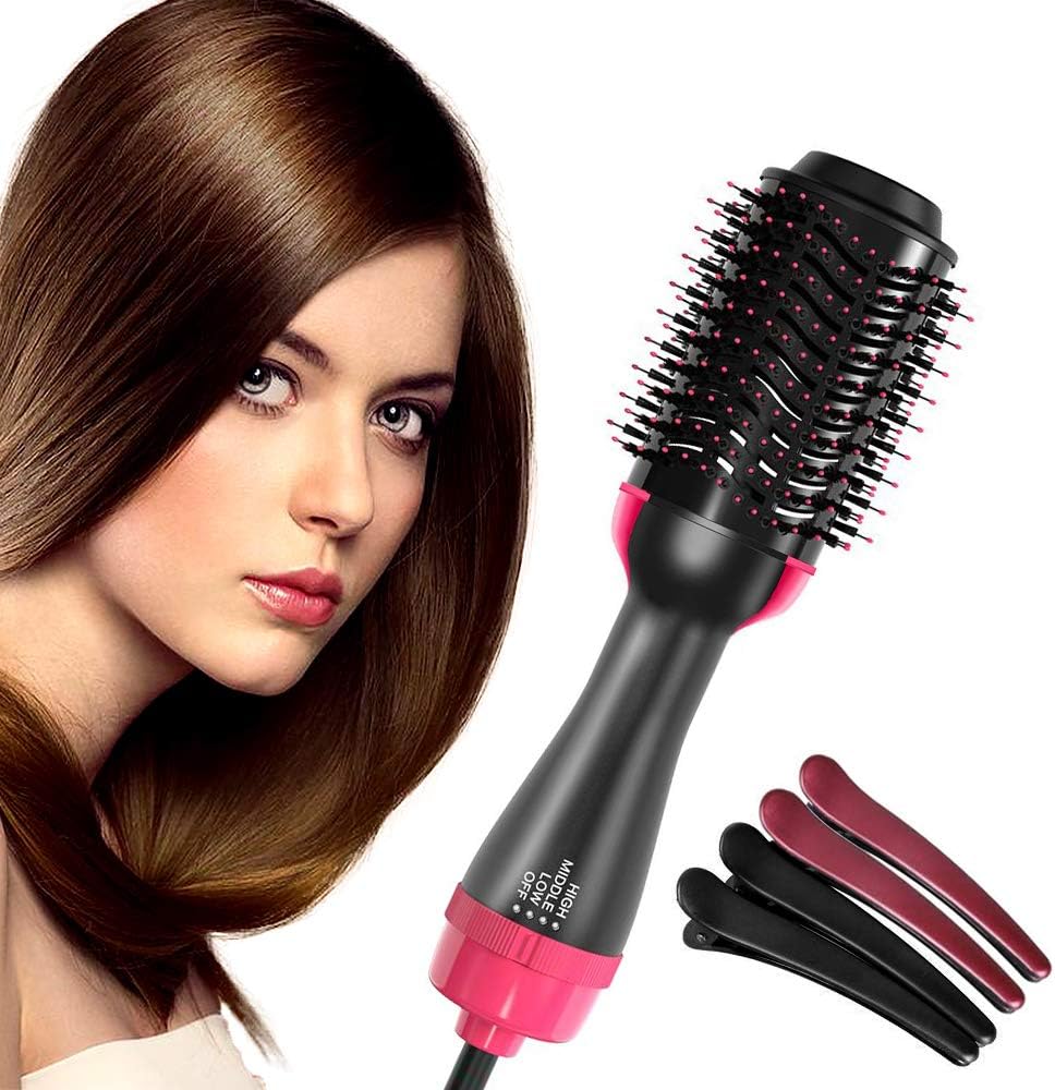 Hair Dryer Brush, DIOZO One Step Ionic Hair Straightener Brush 3-IN-1 Negative lon Hair Dryer & Volumizer Styling for Stright & Curly Hair 3 Heat Setting Hair Straightening Brush with 4Pcs Hair Clips