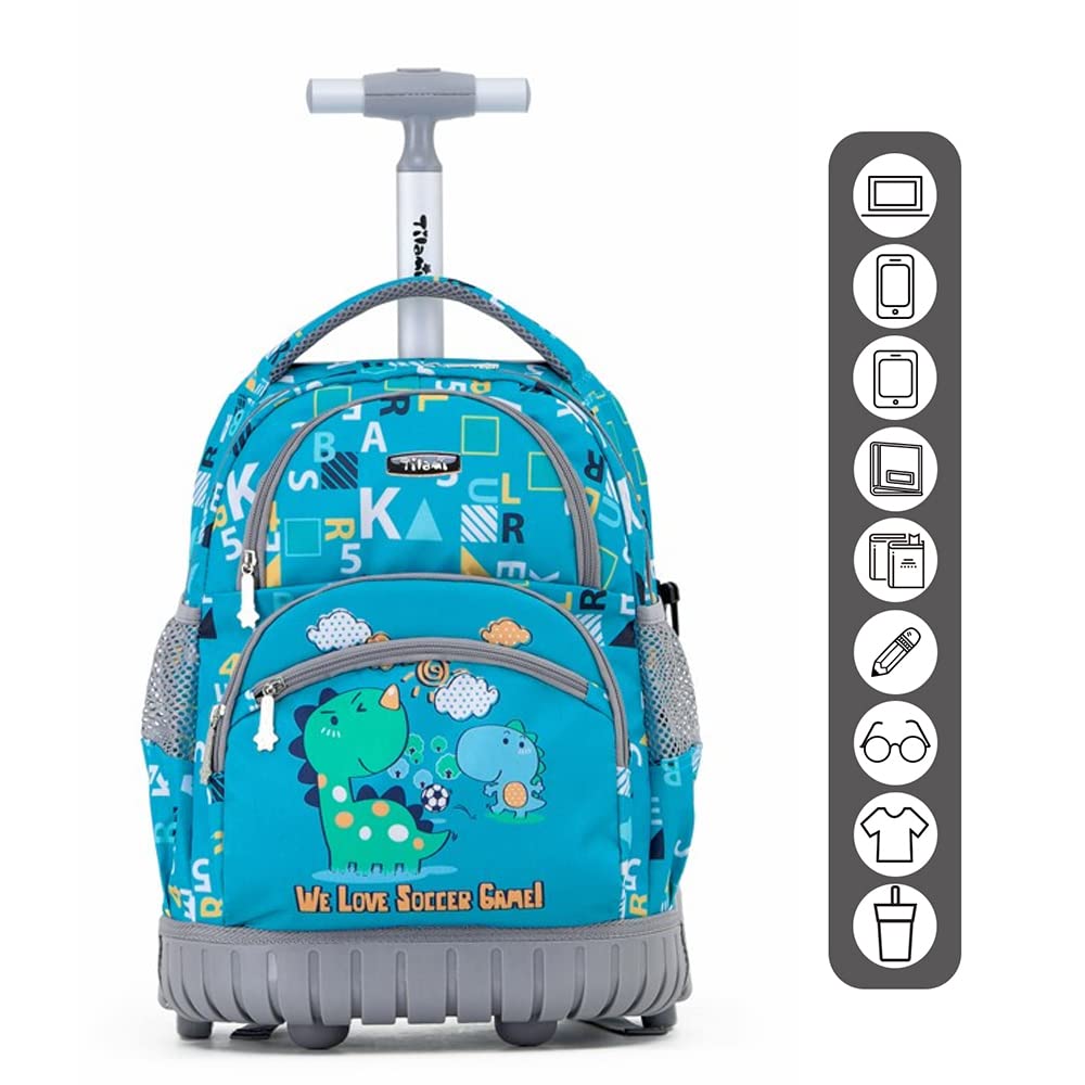 Rolling Backpack 16 Inch School College Travel Carry-on Backpack Boys Girls (Dinosaur Blue)