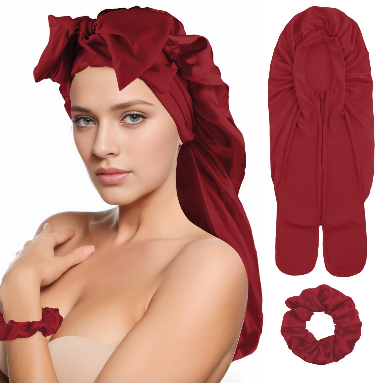 Abeillo Satin Bonnet for Women, Silk Sleep Bonnet with Tie Band and Scrunchies, for Long Curly Hair, Braids (Wine Red)