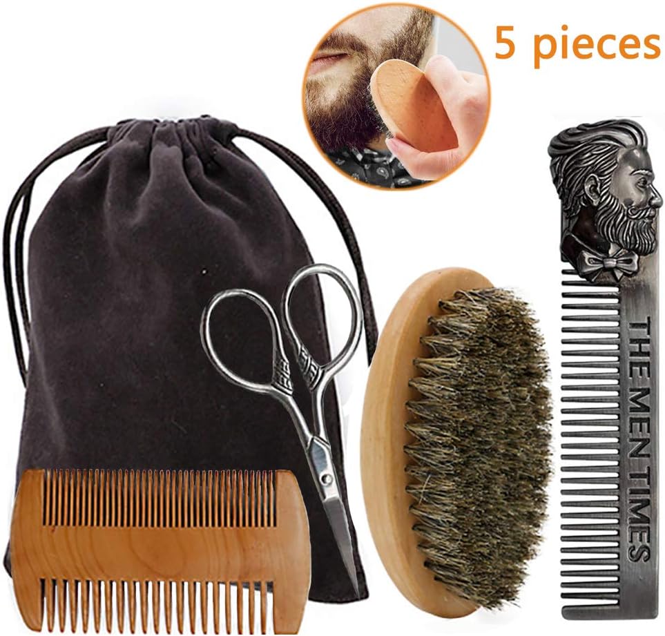 Beard Comb Set, Bebester 5Pcs Beard Grooming Kit for Men Beard Balm Kit Stainless Steel Comb, Beard Brush, Double-Sided Beard Comb, Moustache Scissors and Storage Bag Perfect Present for Dad Husband