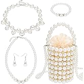 PH PandaHall 6Pcs Pearl Jewelry Set for Women Complete Faux Pearl Costume Jewelry Set with Necklace, Earrings, Bracelet & Evening Bag for Christmas Wedding Bridal Birthday Tea Parties