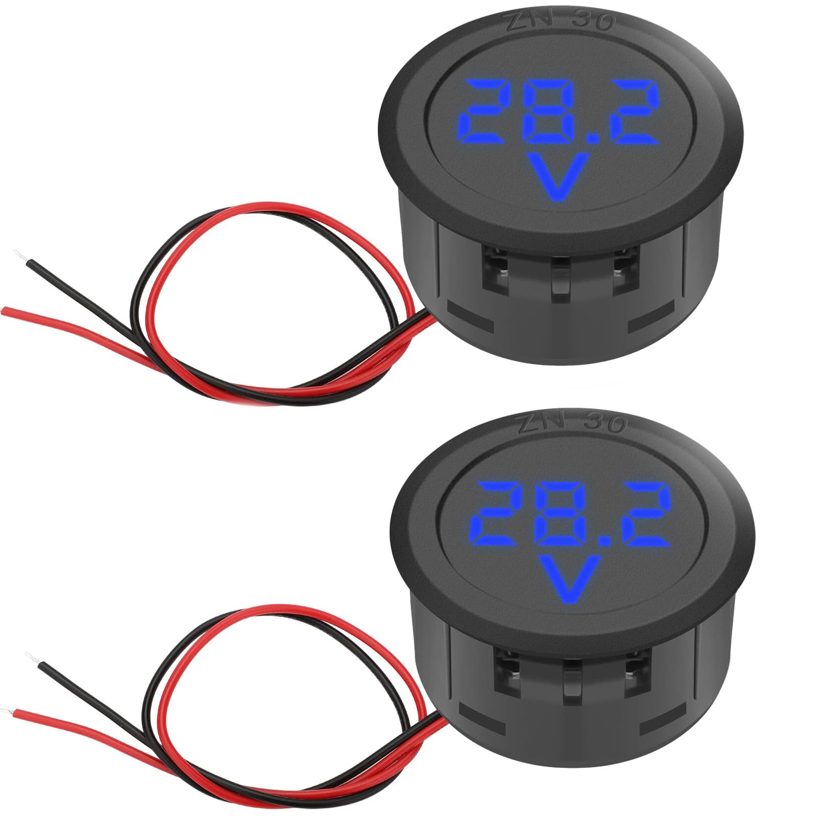Unifizz DC Volt Meter 2PCS, DC 5-99V Car LED Digital Display, Round 2 Wire Voltmeter DC Digital Car Voltage Current Meter Volt Detector Tester Monitor Panel for Motorcycle Truck
