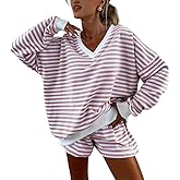 Melliflo Women 2 Piece Outfits Lounge Sets Striped Print Long Sleeve V Neck Sweatshirt and Shorts Set Sweatsuit