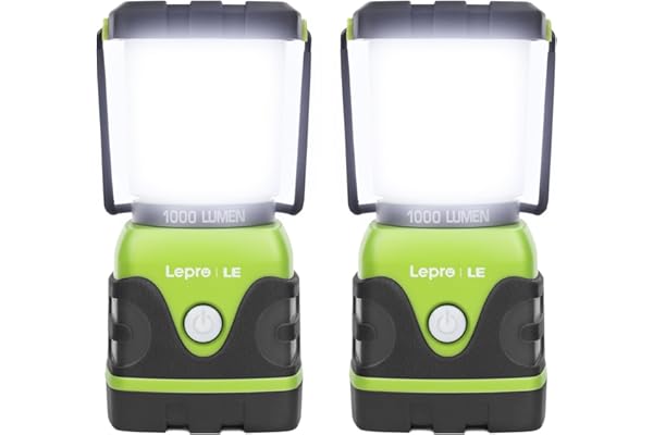 Lepro 2-Pack LED Camping Lantern, 200H+ Long Runtime, 1000LM Battery Powered Camping Light, 4 Modes Dimmable Tent Light, Emer