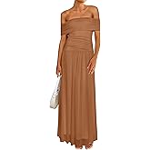 MASCOMODA Women Off The Shoulder Mesh Maxi Dress Bodycon Ruched Formal Sleeveless Pleated Cocktail Wedding Guest Long Dresses(Light Brown,Small)