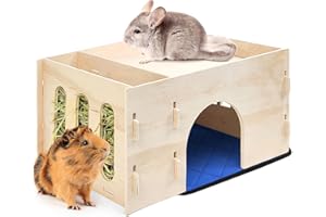 TiereCare Guinea Pig Hideout with Hay Feeder & Absorbent Mat, Wooden Chinchilla House with Multiple Window, Small Animal Hut Castle for Dwarf Rabbit