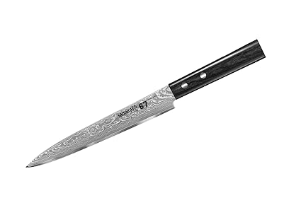 Samura Damascus Tranchiermesser, 67 Lagen Damaststahl, ultra-scharf, groß, 19,5 cm Klinge, Handgriff oval, rostfrei, Kochmess