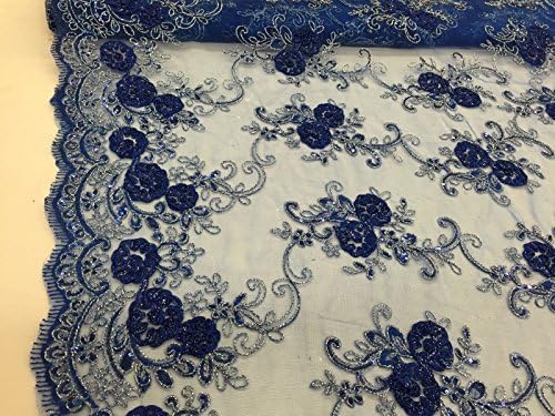 Mesh Lace 3D Flowers Embroider On A Mesh Lace With Sequins Crafts Sewing For Wedding Bridal Prom Fabric Party Home Decoration 36" x 50" (Royal Blue)