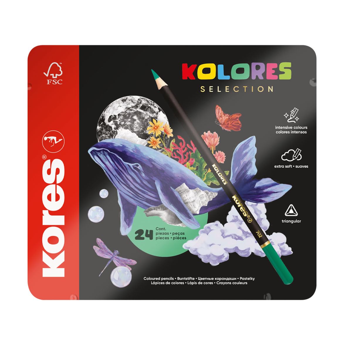 KORES - Kolores Selection, 24 Triangular Shape Colouring Pencils - Coloured Pencils with Soft Lead, Triangular Shape, FSC Wood - Back to School Supplies - Set of 24 Assorted in Metal Case