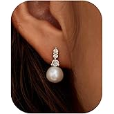PRTGL Pearl Earrings: 14k Gold/White Gold/Rose Gold Plated Cubic Zirconia Accented Pearl Drop Dangle Wedding Engagement Earrings For Women Bridal Bridesmaid