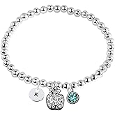 Apple Gift, Personalized Apple Beaded Bracelet with Initial Letter and Birthstone Charm, Apple Adjustable Jewelry, Custom Apple Lover Accessories for Girls