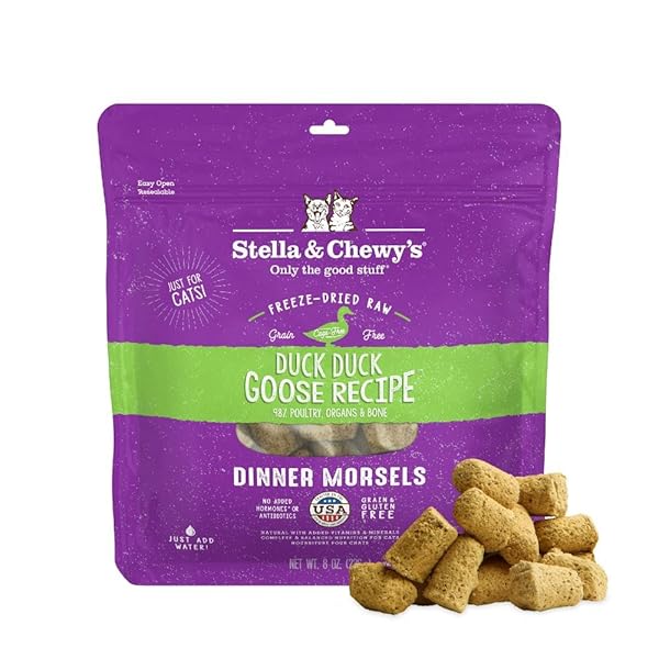 STELLA & CHEWY’S FREEZE-DRIED RAW CAT DINNER MORSELS – PREMIUM DUCK & GOOSE RECIPE WITH 98% CAGE-FREE POULTRY & ORGANS – NATURAL GRAIN-FREE CAT & KITTEN FOOD – MADE IN USA – 8 OZ