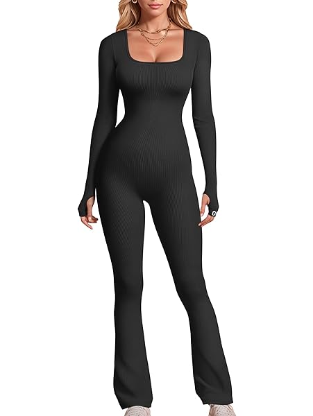 OQQ WOMEN YOGA JUMPSUITS RIBBED SQUARE NECK LONG SLEEVE BELL BOTTOMS FLARE JUMPSUITS BLACK