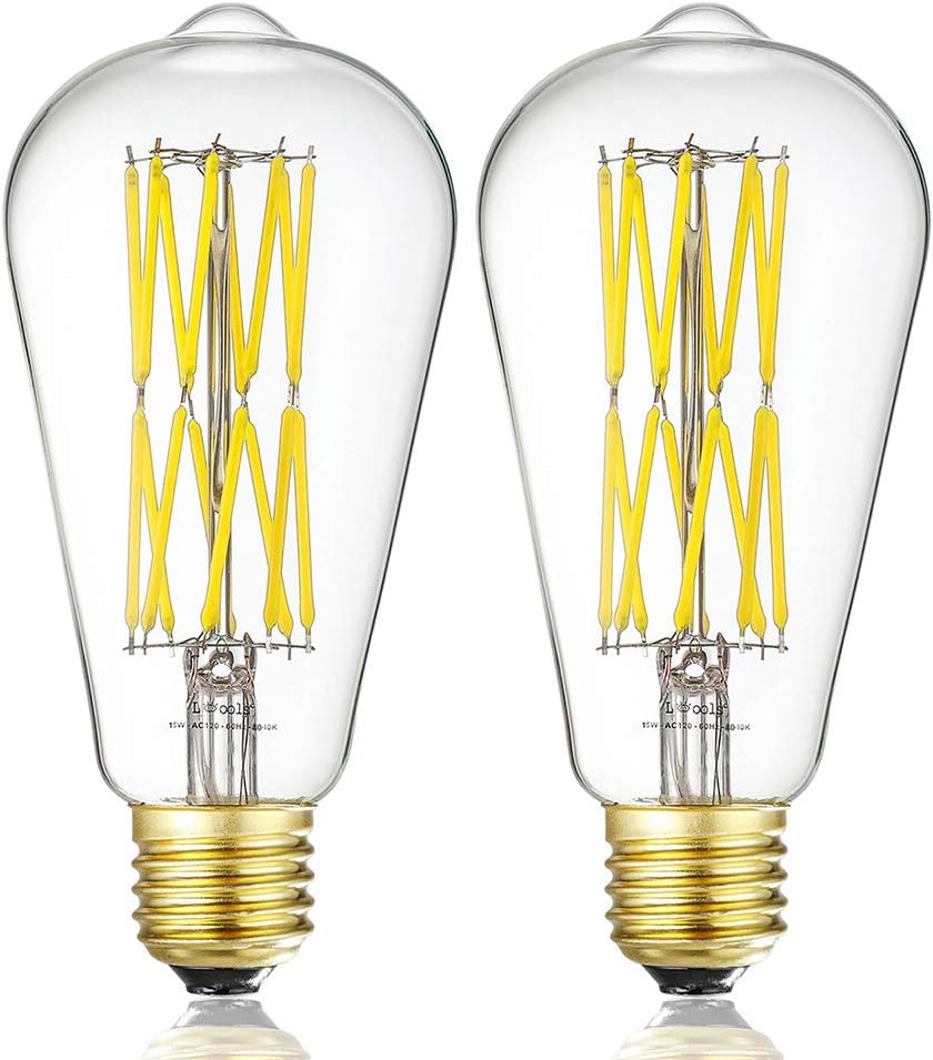 LeoolsE26 Edison LED Vintage Bulb, 15W Dimmable Filament Light Bulb, ST64 1300 Lumen Neutral White 4000K,Equivalent 100W-120W,E26 Medium Base Squirrel Cage Antique Lamp,Pack of 2