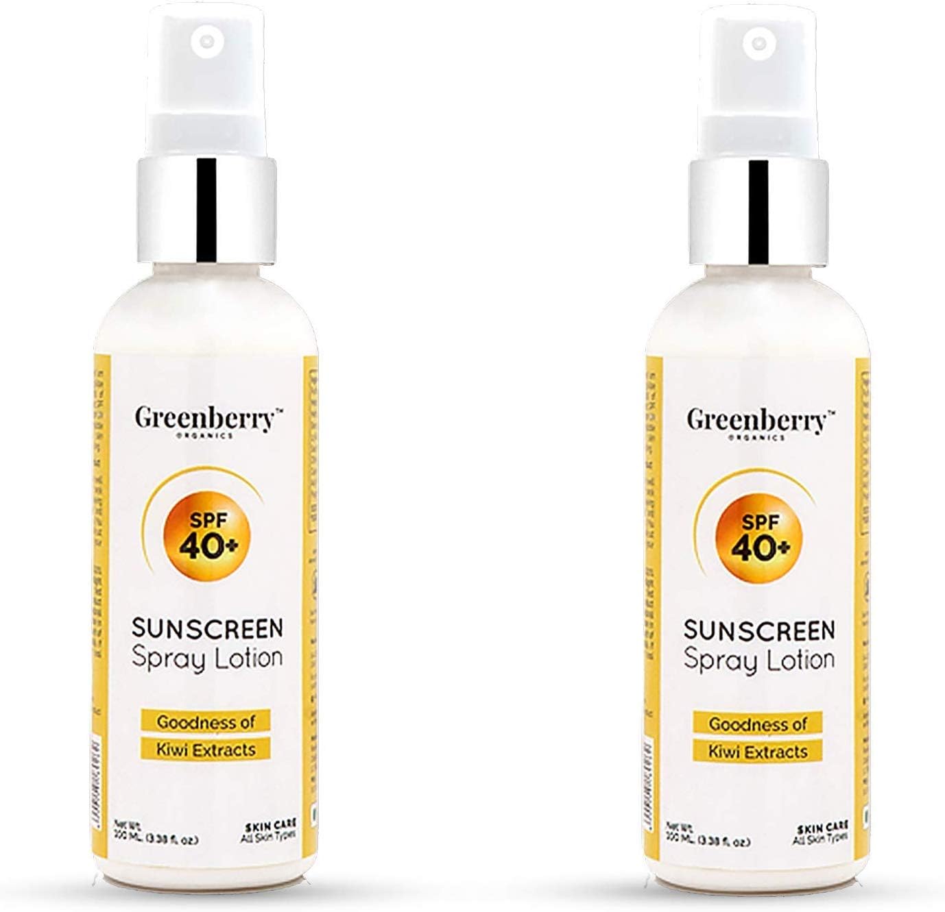 Greenberry Organics SPF 40+ Sunscreen Spray Lotion Goodness of Kiwi Extracts Sun Shield Skin Protection Skin Revival All Skin Types (100 ML) Pack of 02 (Packing may vary)